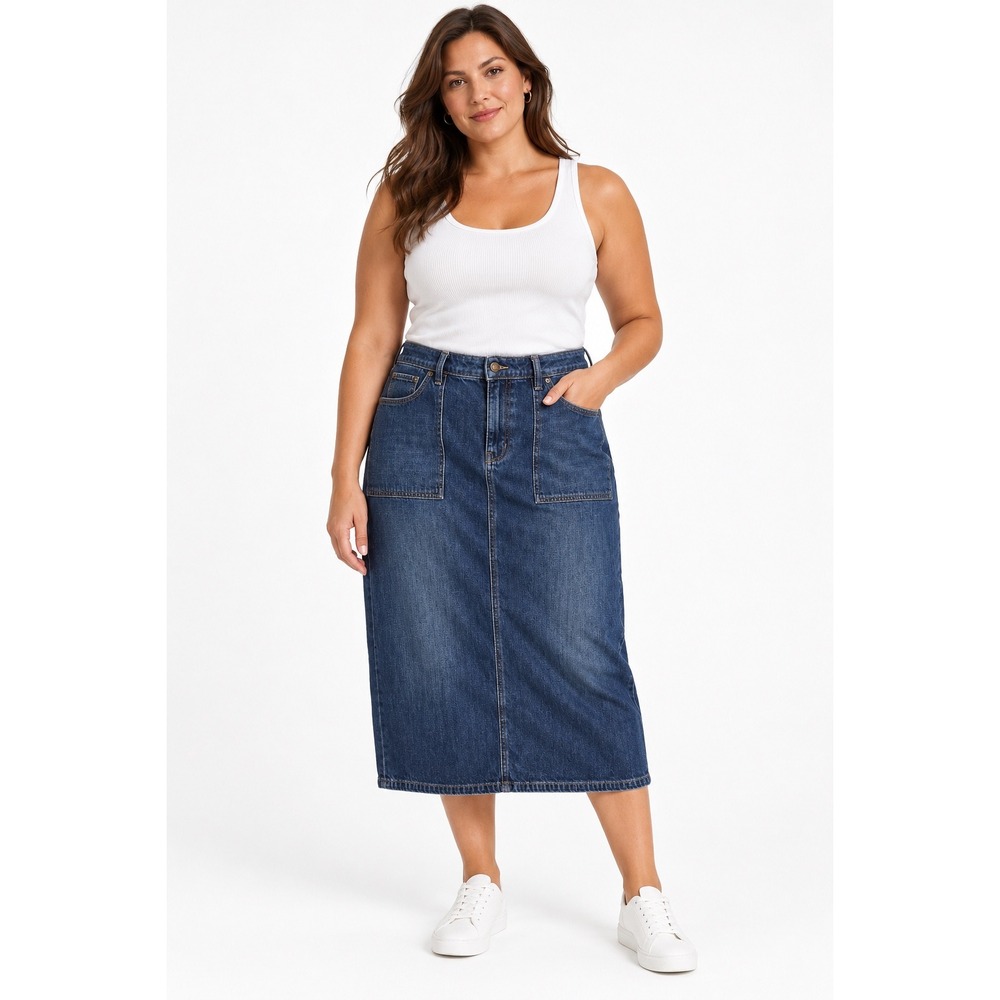 Lauren Ralph Lauren Womens Dark Wash Denim Midi Skirt Size 14 Patch Pockets